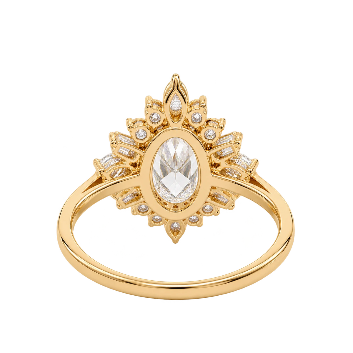 Oval Cut Moissanite Cluster Engagement Ring with Baguette & Marquise Accents