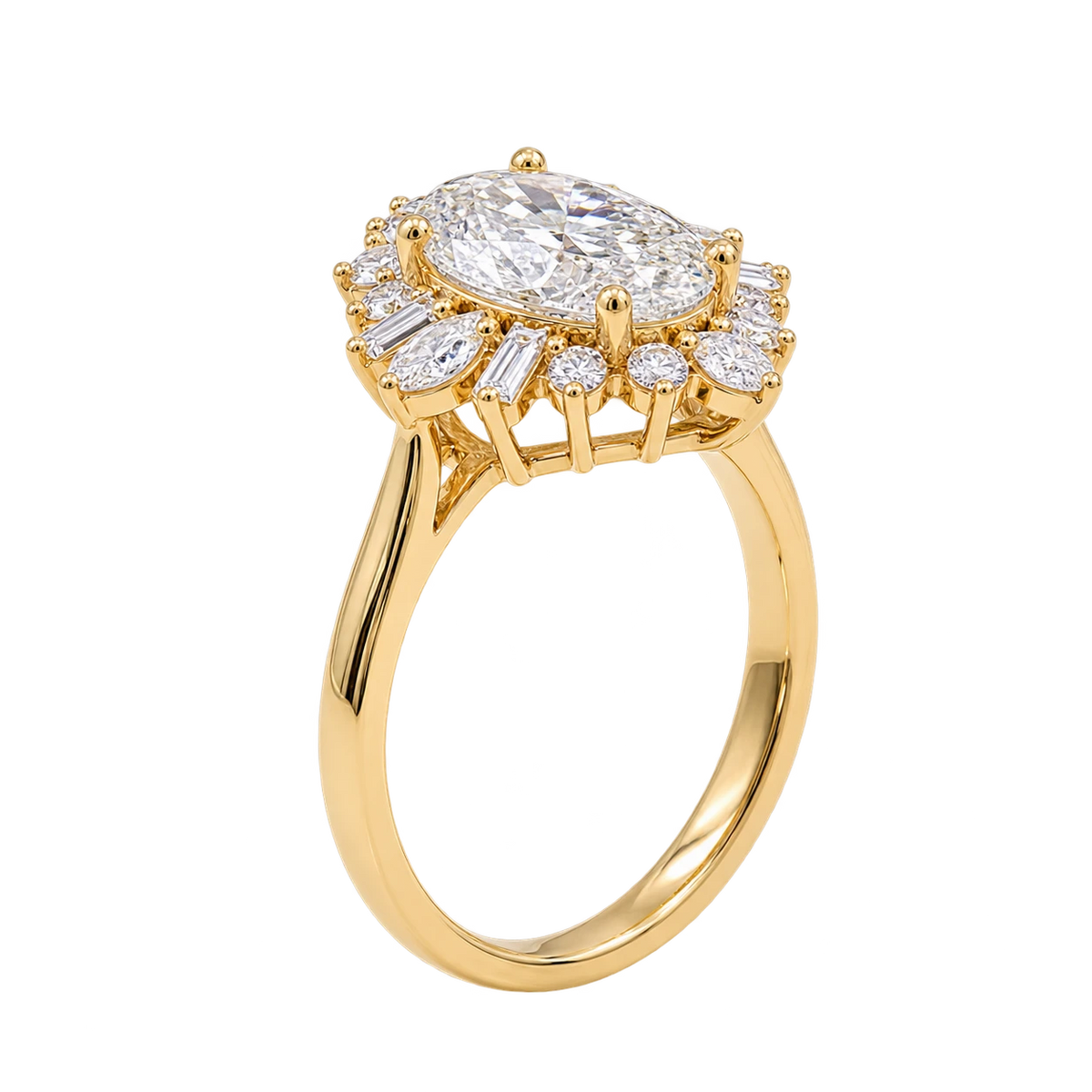Oval Cut Moissanite Cluster Engagement Ring with Baguette & Marquise Accents