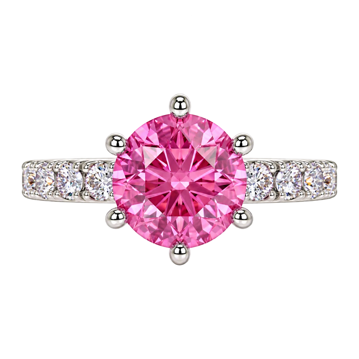 Round Lab Grown Pink Sapphire Engagement Ring with Diamond Accented Band – Classic Solitaire Gemstone Ring for Women