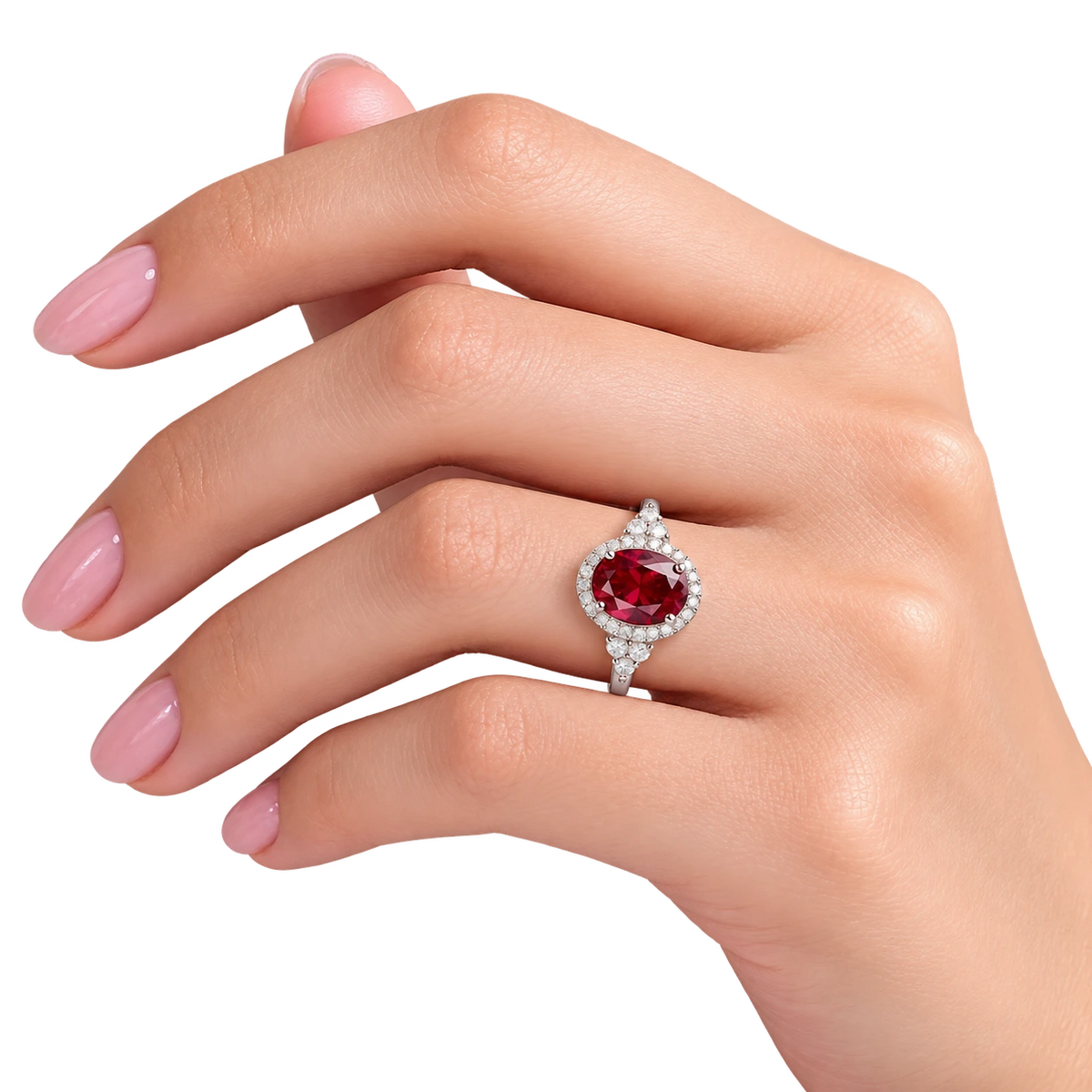 Oval Ruby Halo Ring – Diamond Accent Engagement Ring – Lab Grown Diamond Promise Ring