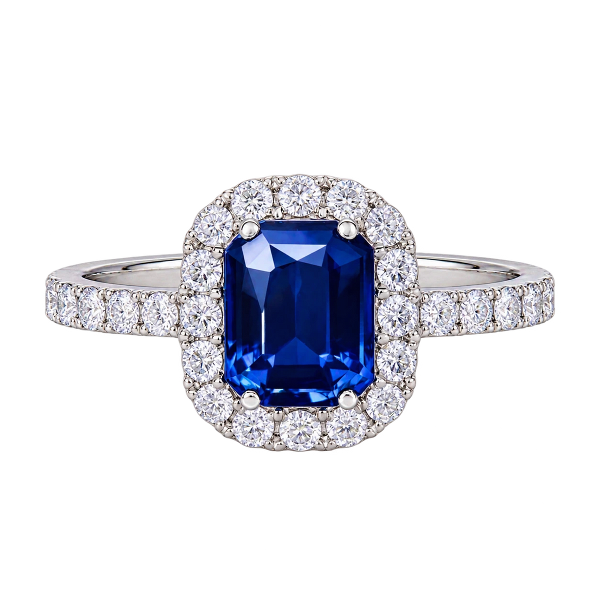 Emerald Cut Sapphire Halo Ring – Lab Grown Diamond Blue Sapphire Promise Ring