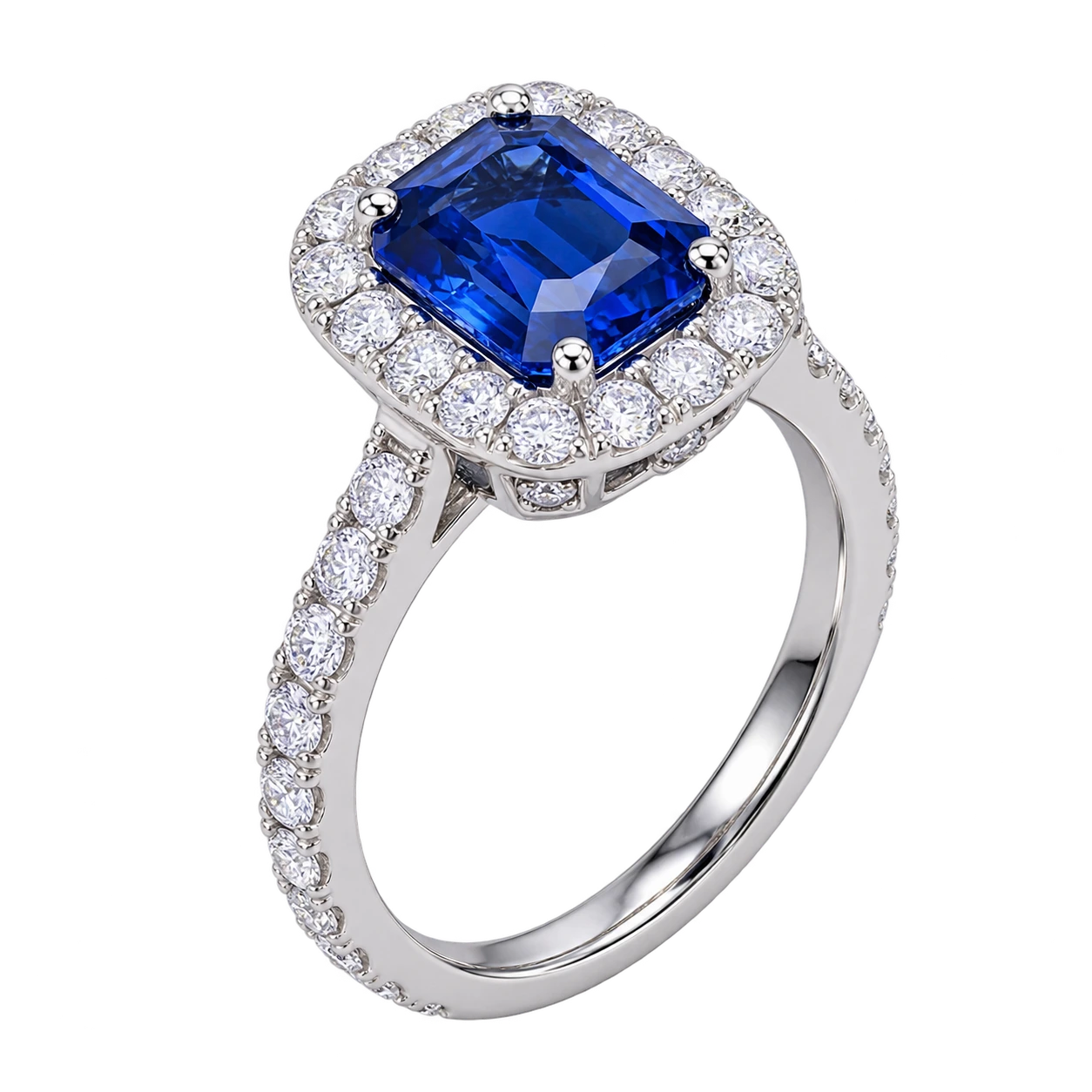 Emerald Cut Sapphire Halo Ring – Lab Grown Diamond Blue Sapphire Promise Ring