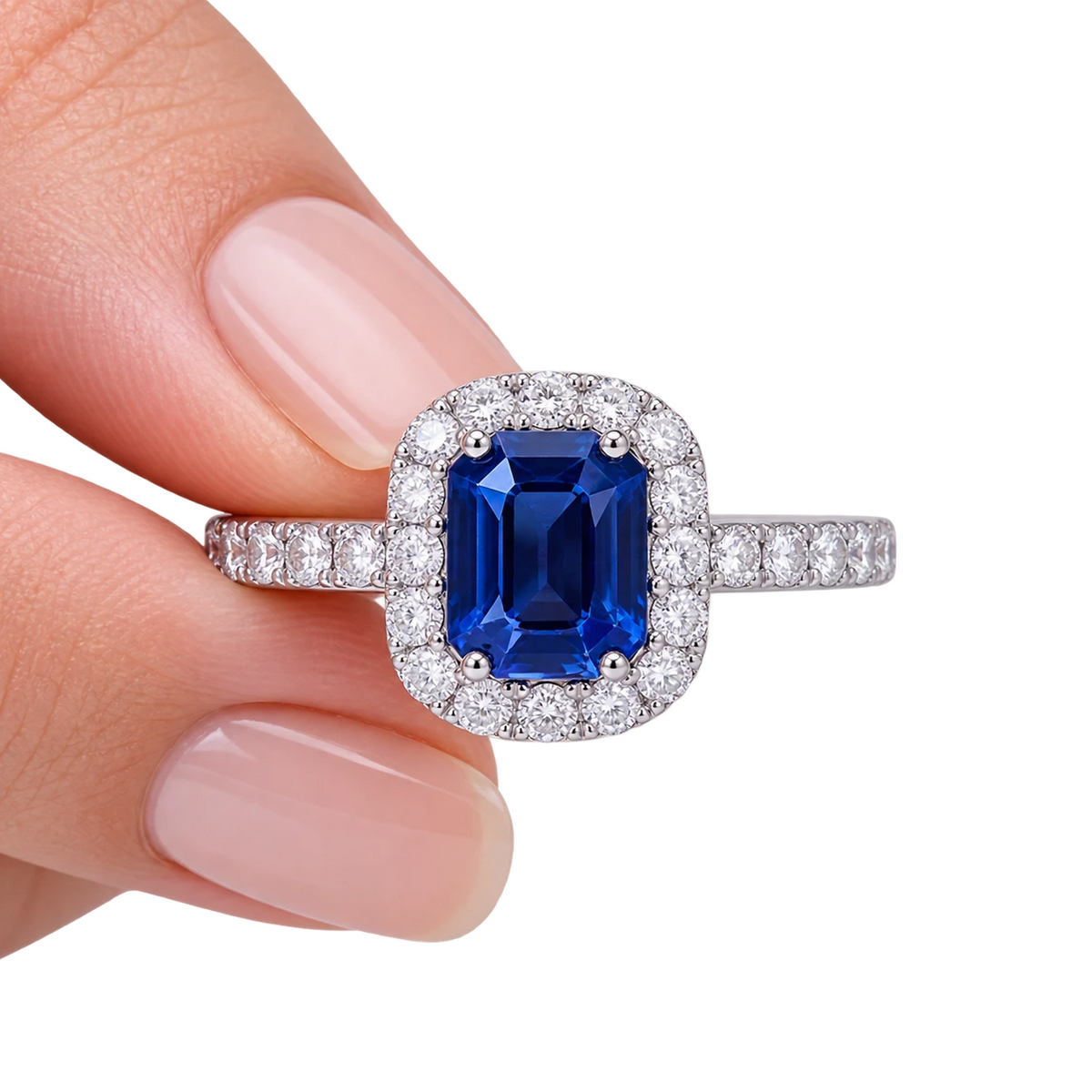 Emerald Cut Sapphire Halo Ring – Lab Grown Diamond Blue Sapphire Promise Ring