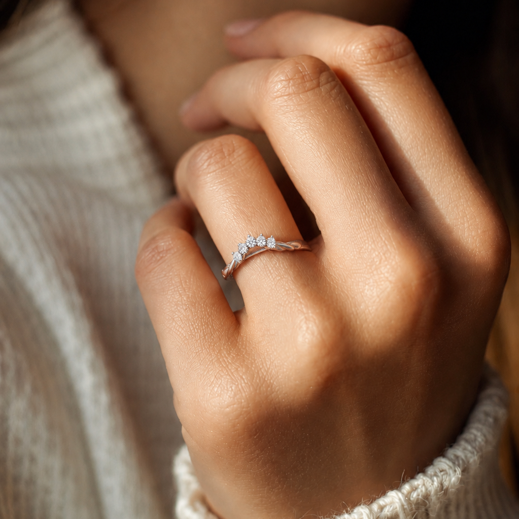 Twisted Round Lab Grown Diamond Curved Wedding Band & Nature Inspired Stackable Vine Ring