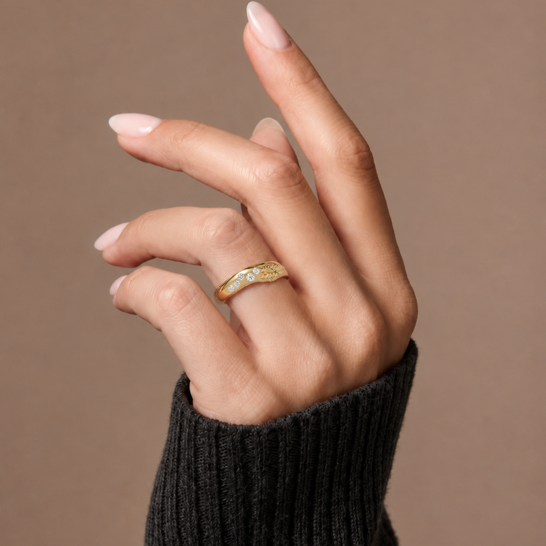 Round Lab Grown Diamond Nature Inspired Wedding Band & Leaf Accent Curved Anniversary Ring