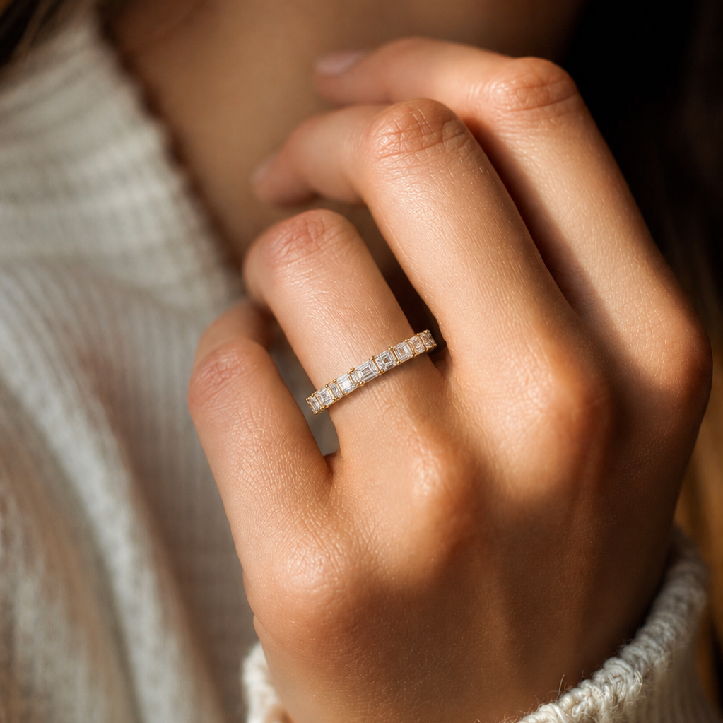 Emerald Cut Lab Grown Diamond Eternity Wedding Band & Classic Shared Prong Anniversary Ring