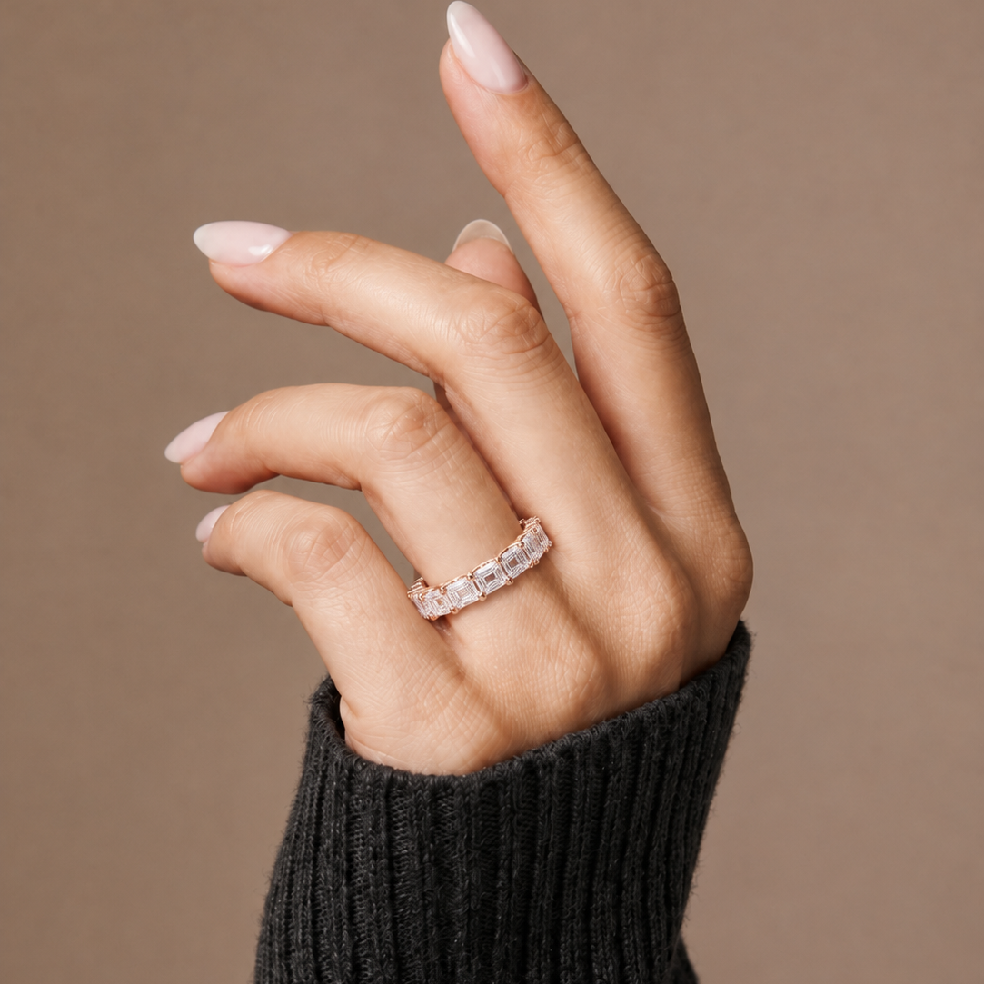 Emerald Cut Lab Grown Diamond Eternity Wedding Band & Elegant Shared Prong Anniversary Ring