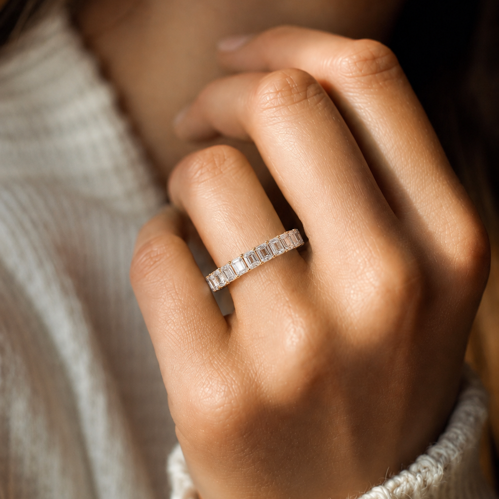 Emerald Cut Lab Grown Diamond Eternity Wedding Band & Full Eternity Shared Prong Diamond Ring