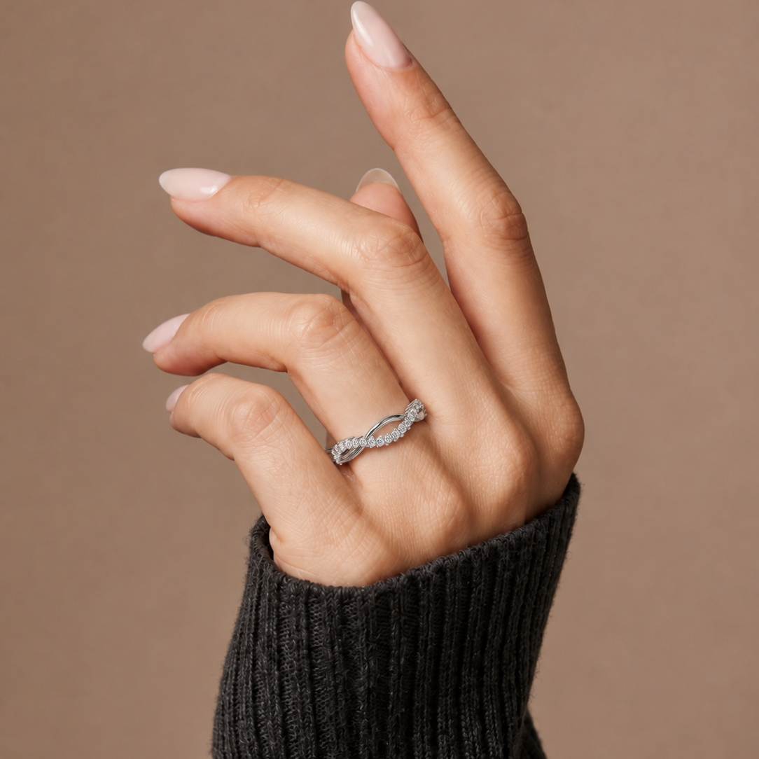 Diamond Curved Wedding Band Twisted Chevron Pavé Anniversary Ring in Gold