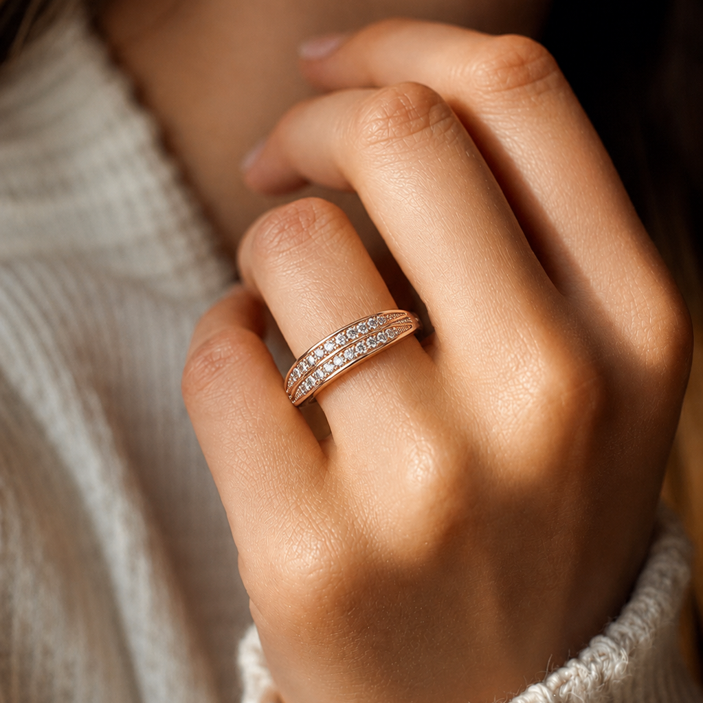 Triple Row Diamond Wedding Band & Modern Pavé Anniversary Ring in Rose Gold