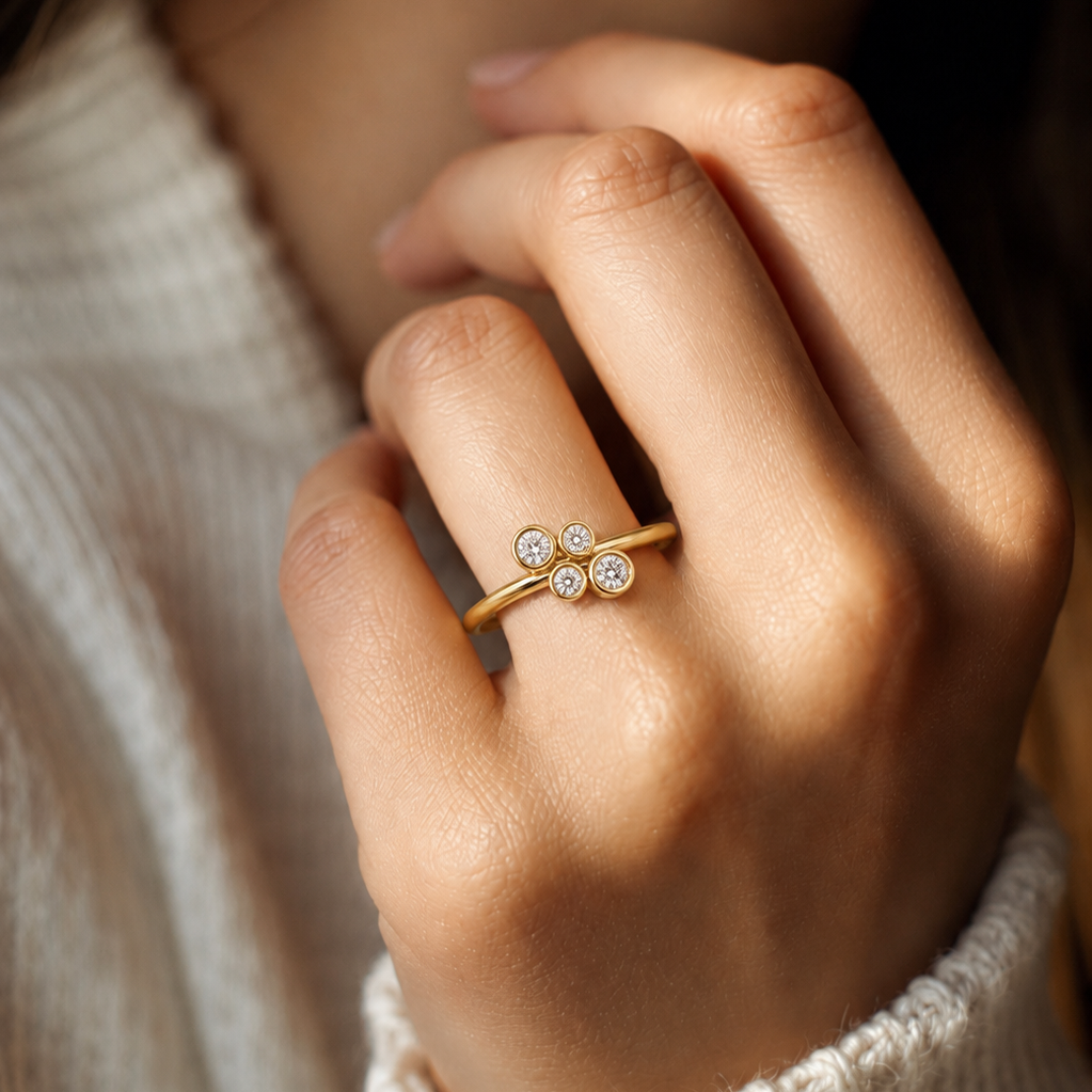 Round Lab Grown Diamond Minimalist Wedding Band for Women & Bezel Set Open Cluster Ring