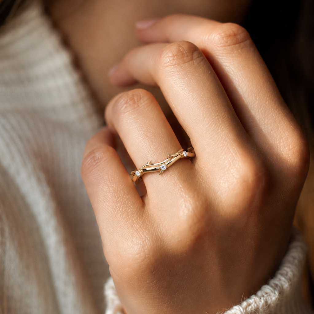 Round Lab Grown Diamond Twisted Vine Wedding Band Nature Inspired Curved Stackable Ring