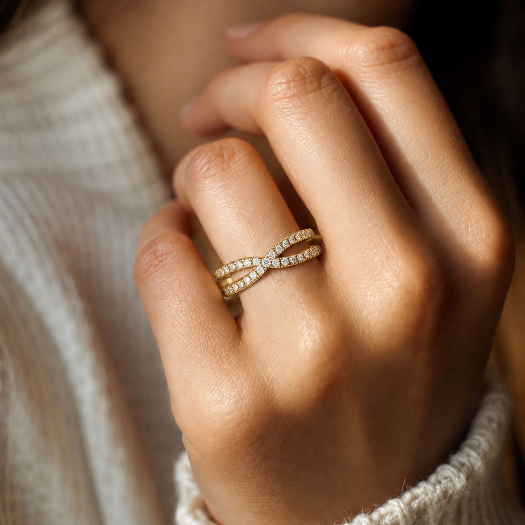 Round Lab Grown Diamond Criss Cross Wedding Band - Double Row Crossover Anniversary Ring