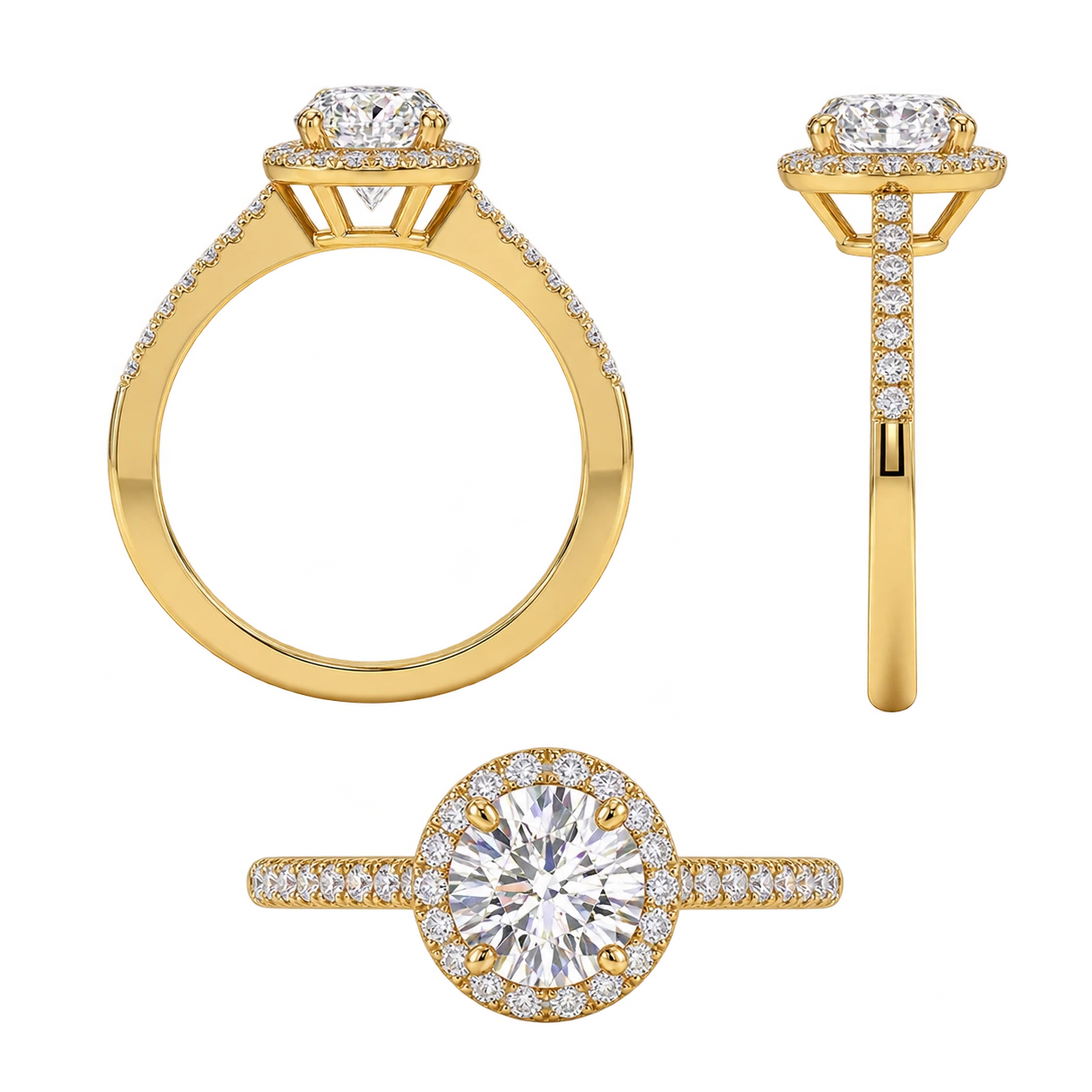 Round Cut Moissanite Halo Engagement Ring with Pavé Band - Classic Brilliant Halo Promise Ring