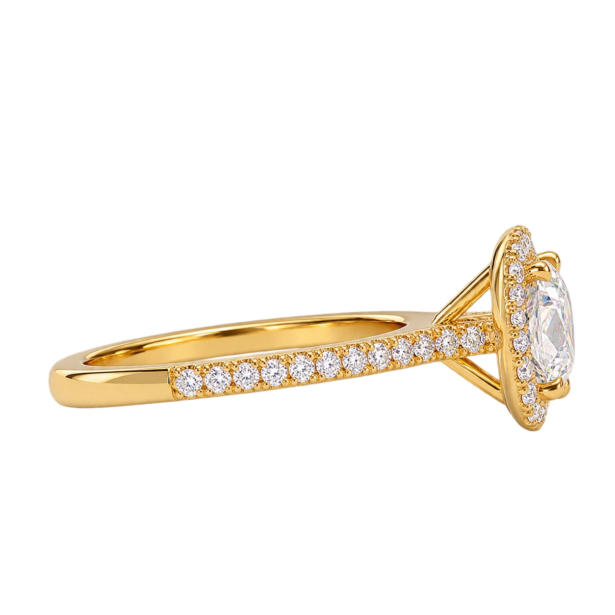 Round Cut Moissanite Halo Engagement Ring with Pavé Band - Classic Brilliant Halo Promise Ring