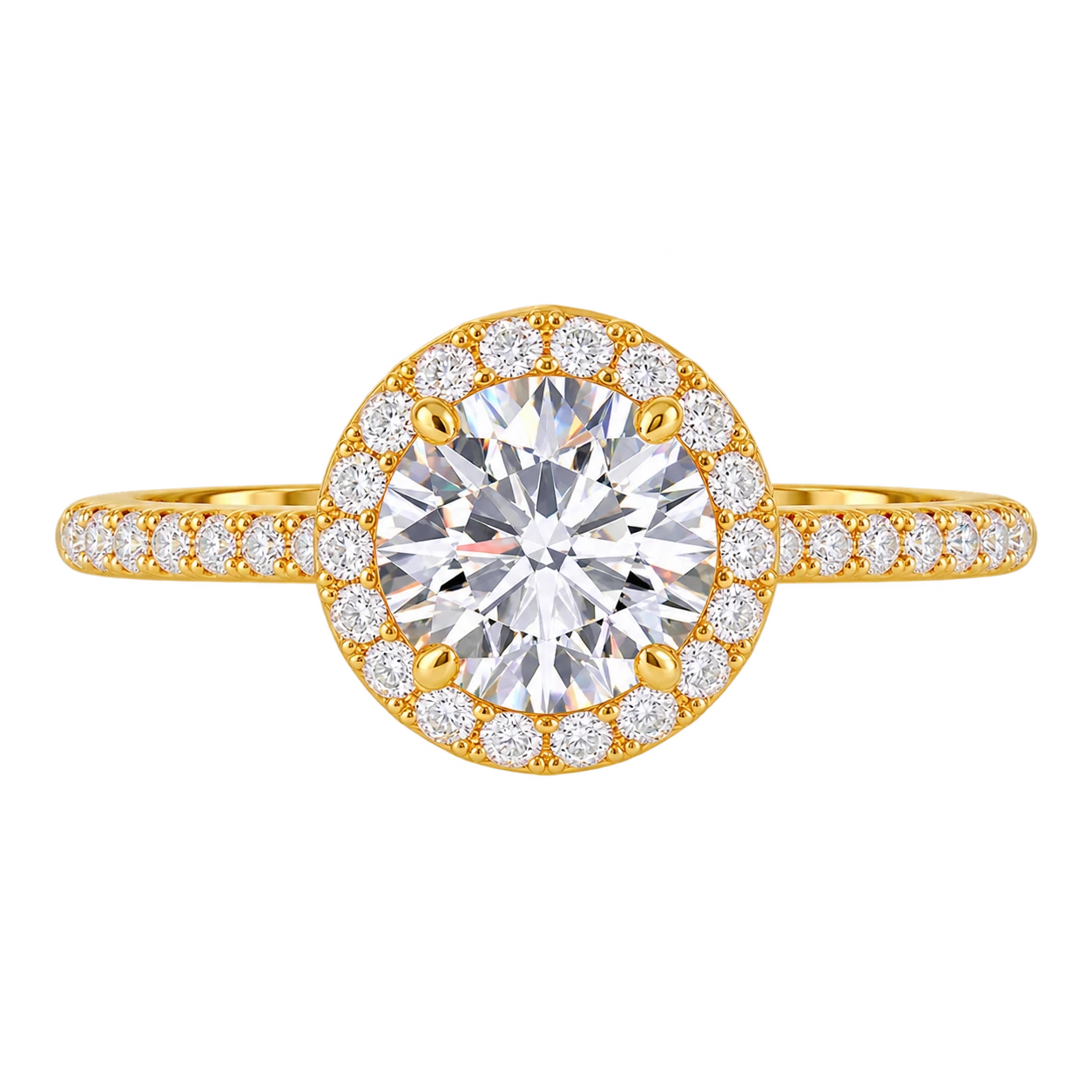 Round Cut Moissanite Halo Engagement Ring with Pavé Band - Classic Brilliant Halo Promise Ring