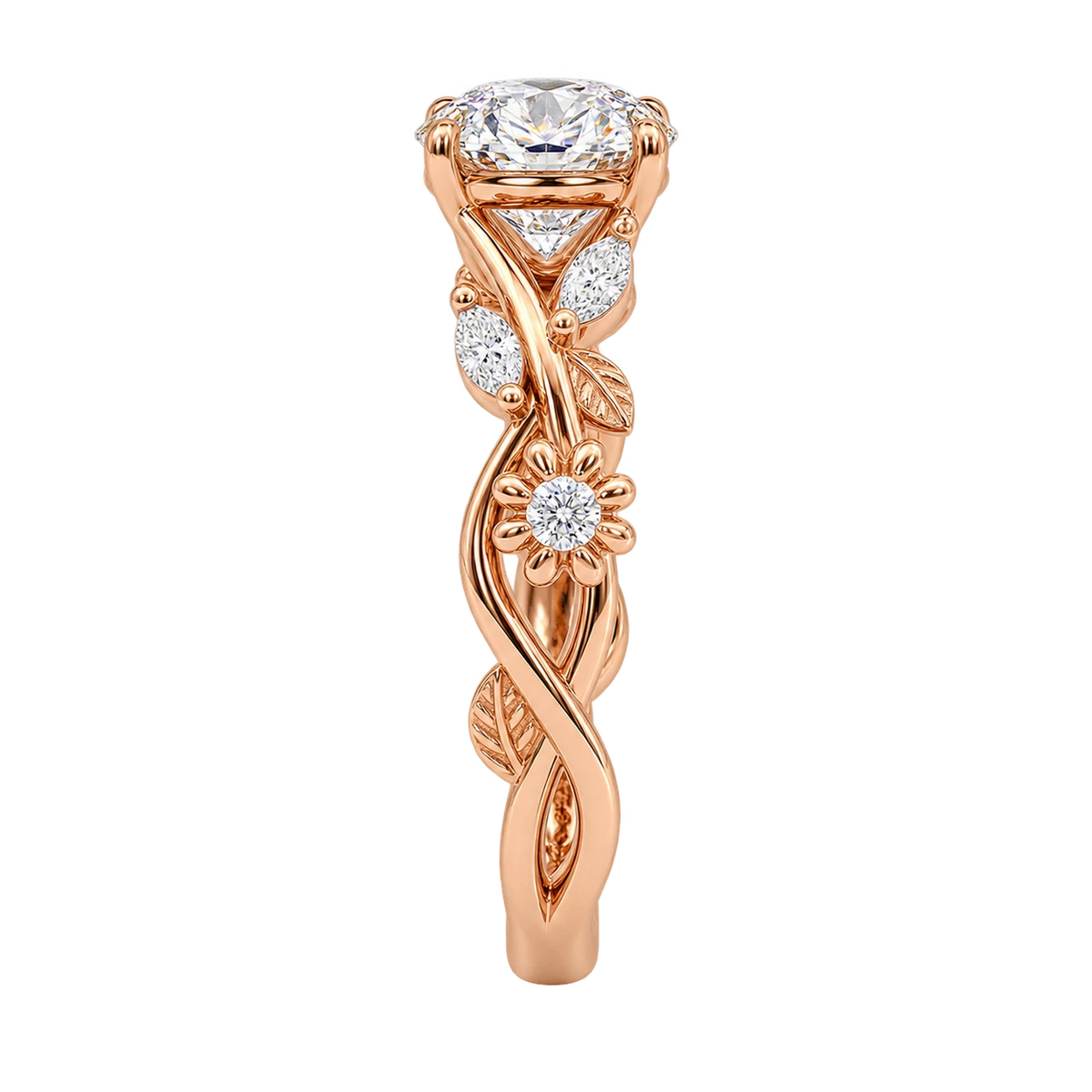 Round Moissanite Nature Inspired Bridal Set – Floral Vine Engagement Ring & Matching Wedding Band