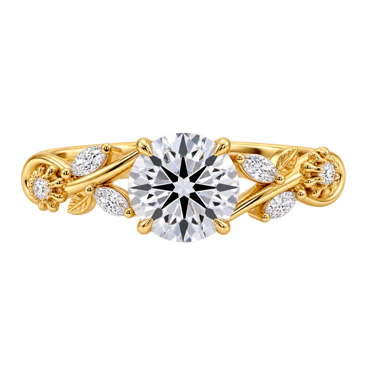 Round Moissanite Nature Inspired Bridal Set – Floral Vine Engagement Ring & Matching Wedding Band