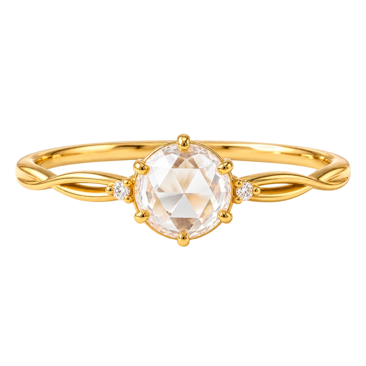 Rose Cut Moissanite Minimalist Engagement Ring – Dainty Solitaire Promise Ring with Diamond Accents