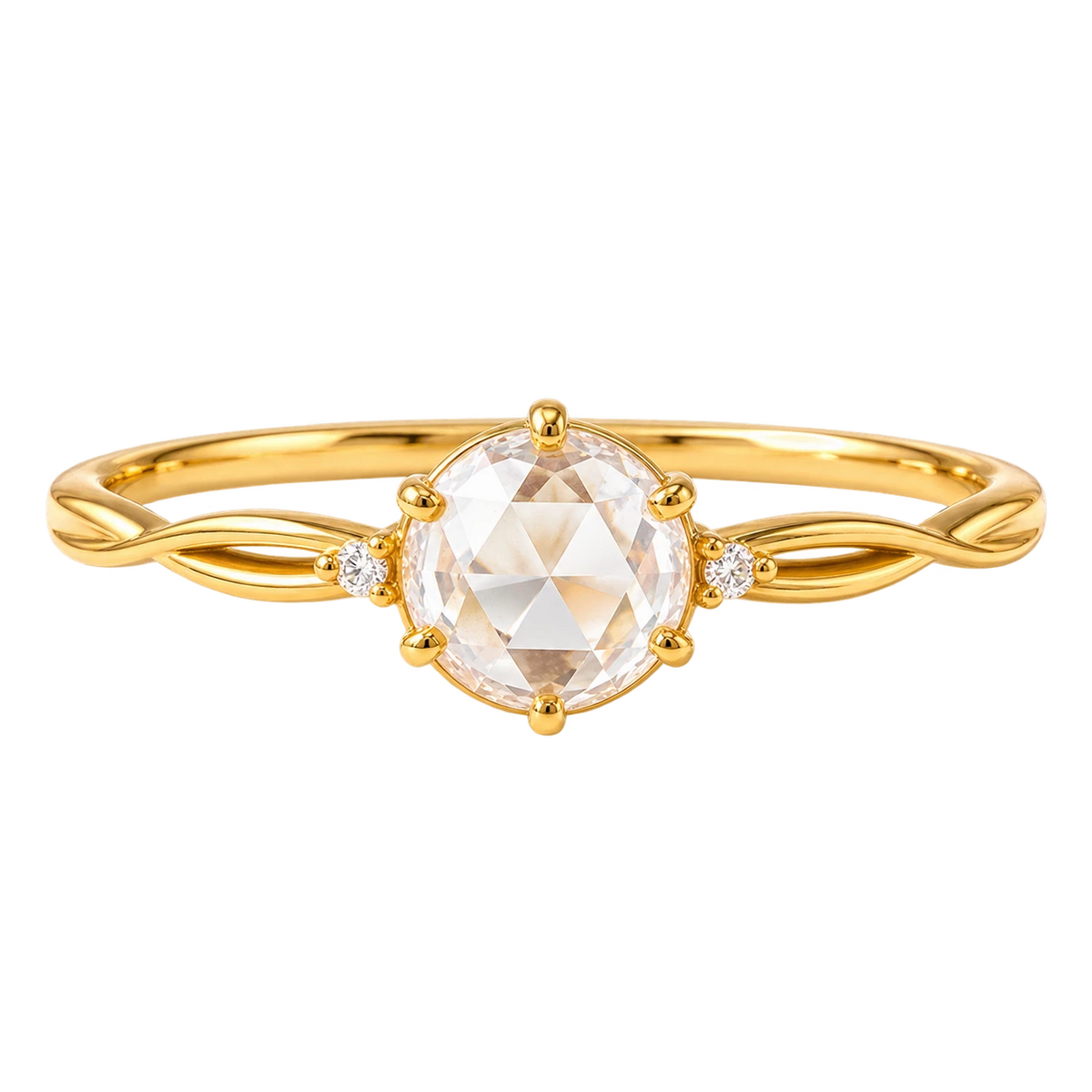 Rose Cut Moissanite Minimalist Engagement Ring – Dainty Solitaire Promise Ring with Diamond Accents