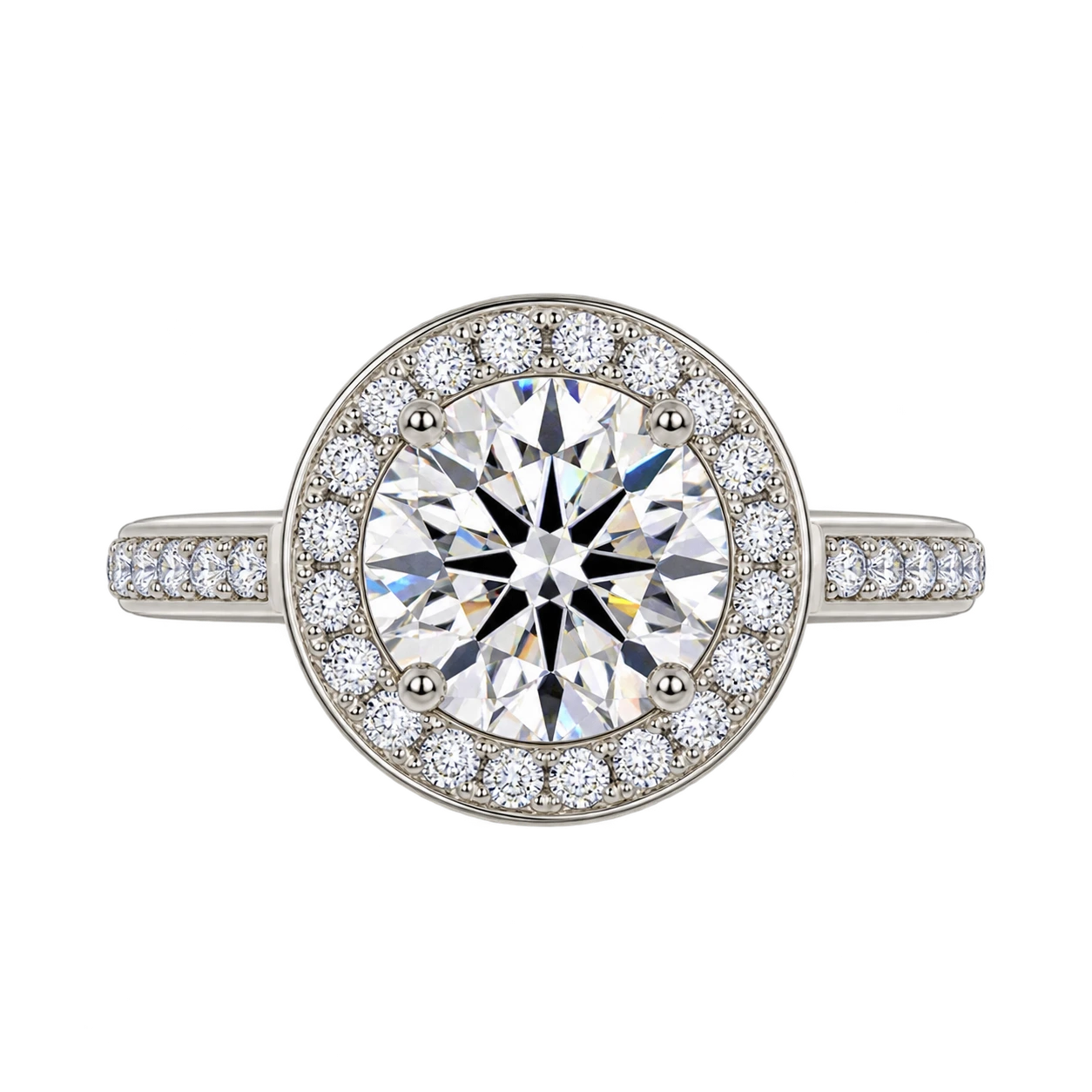 Round Halo Moissanite Engagement Ring with Pavé Band – Classic Vintage Inspired Bridal Ring