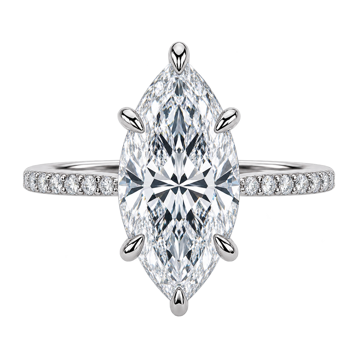 Marquise Cut Moissanite Engagement Ring with Pavé Band – Elegant Solitaire Promise Ring, Unique Bridal Jewelry