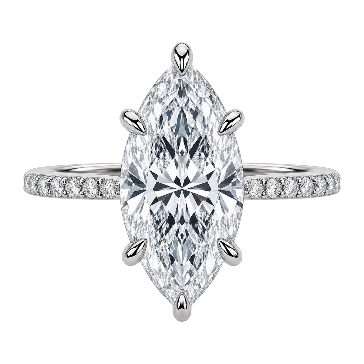 Marquise Cut Moissanite Engagement Ring with Pavé Band – Elegant Solitaire Promise Ring, Unique Bridal Jewelry