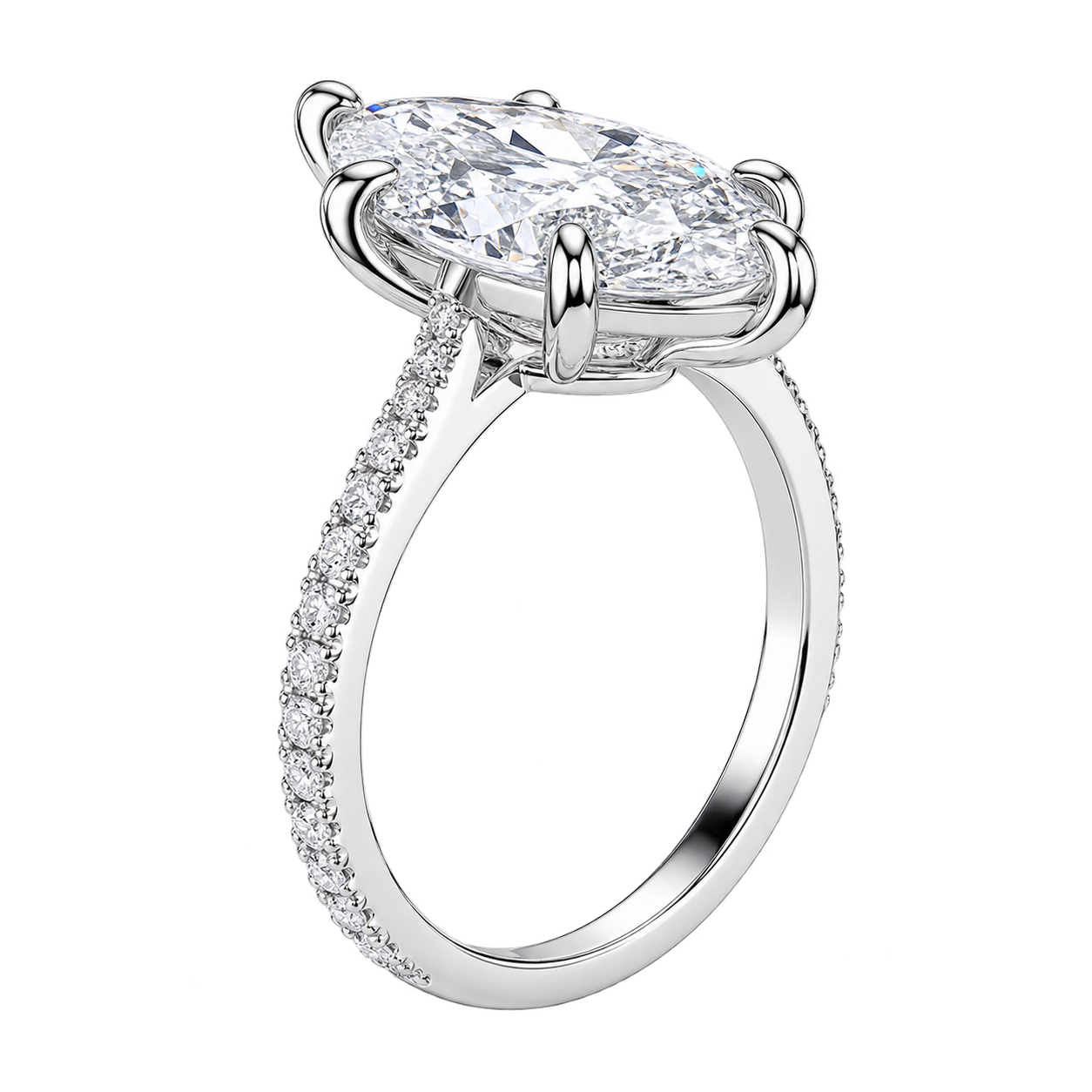 Marquise Cut Moissanite Engagement Ring with Pavé Band – Elegant Solitaire Promise Ring, Unique Bridal Jewelry