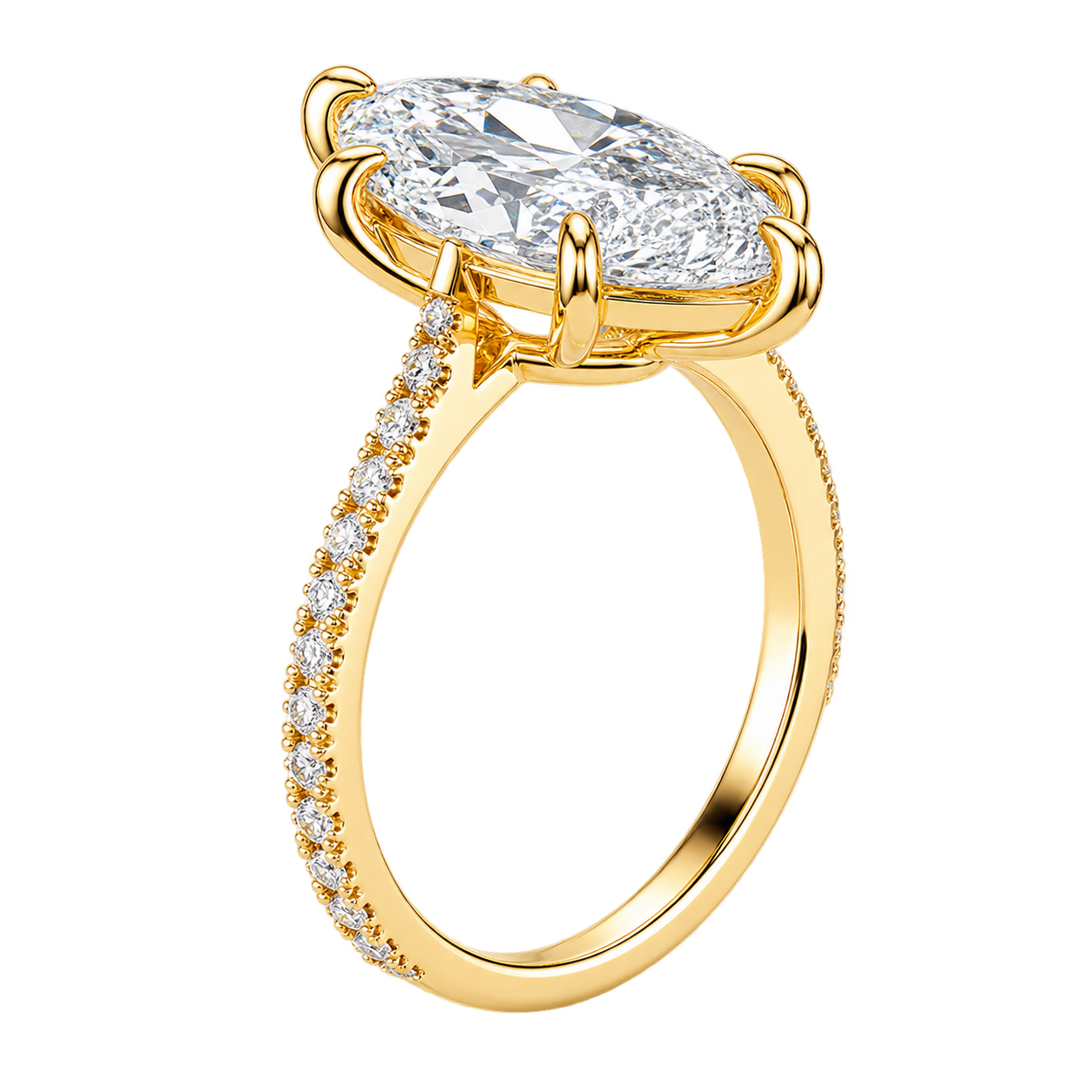 Marquise Cut Moissanite Engagement Ring with Pavé Band – Elegant Solitaire Promise Ring, Unique Bridal Jewelry