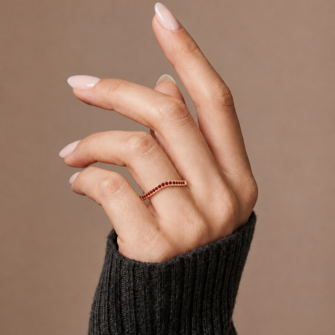Curved Ruby Wedding Band V-Shaped Ruby Stacking Ring Chevron Gemstone Anniversary Band