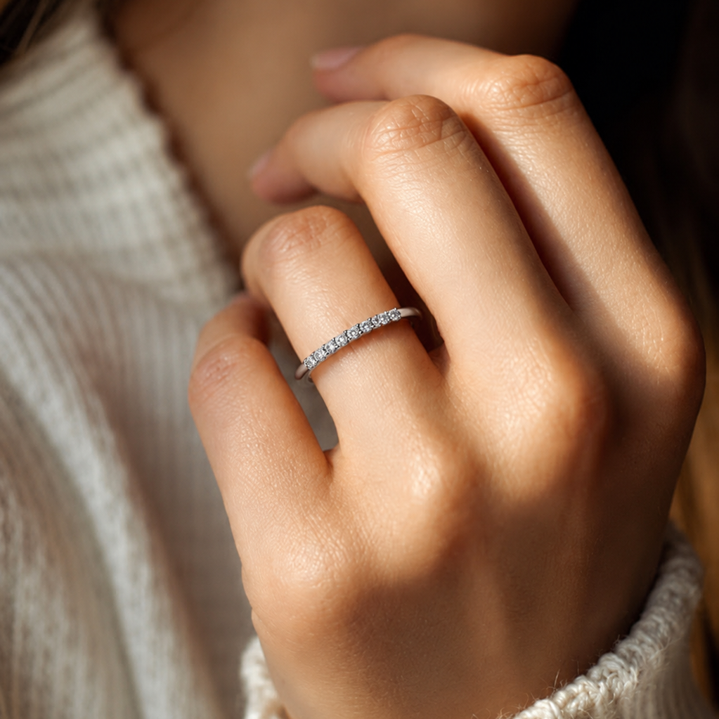 Ultra-Thin Lab Grown Diamond Wedding Band in White Gold Micro Pave Stacking Ring
