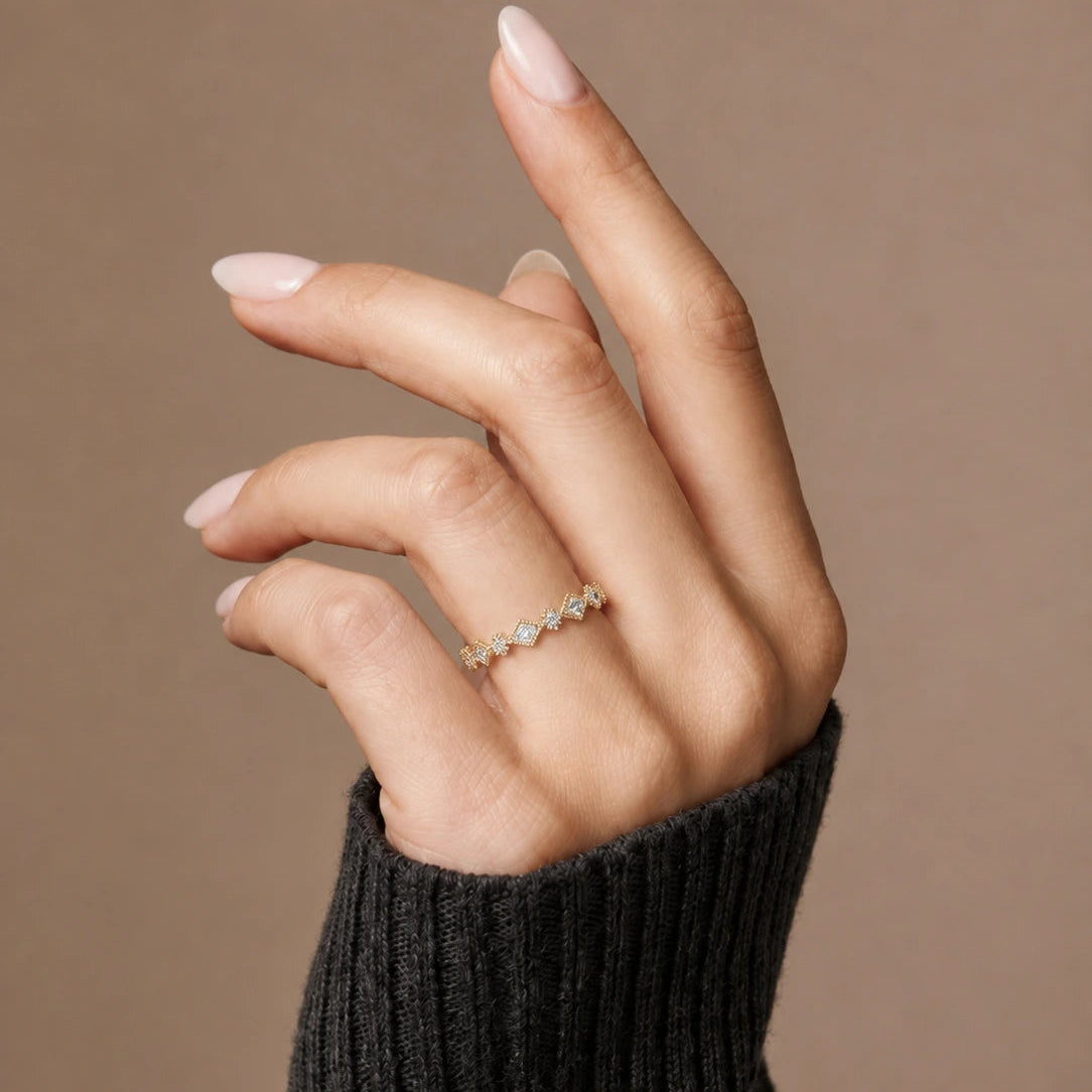 Gold Diamond Anniversary Band – Vintage Geometric Lab Grown Diamond Ring