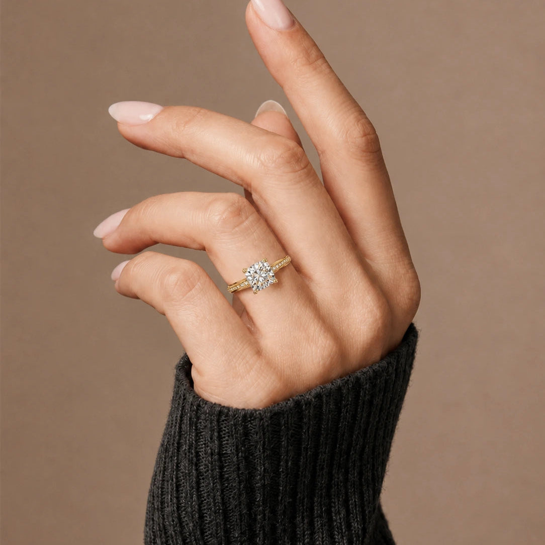 Cushion Cut Diamond Solitaire Engagement Ring Twisted Pavé Yellow Gold Ring