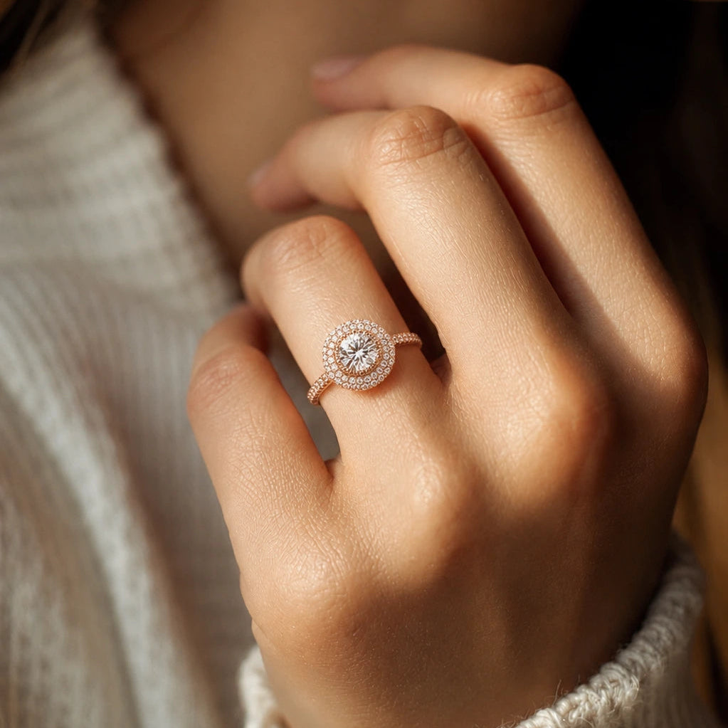 Round Diamond Double Halo Engagement Ring Rose Gold Pavé Cluster Bridal Ring