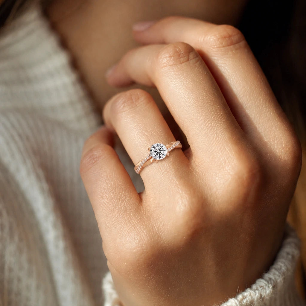 Round Diamond Twisted Pavé Engagement Ring Rose Gold Crossover Bridal Ring