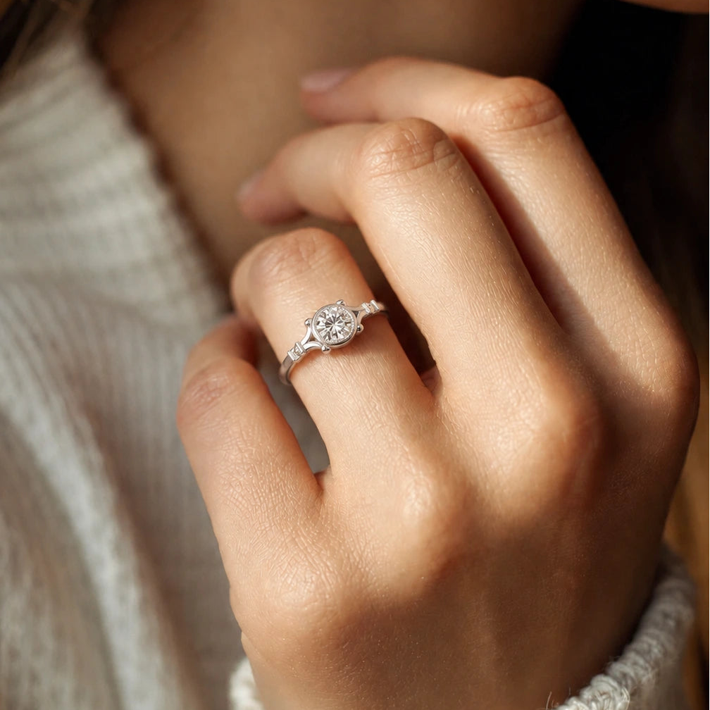 Round Diamond Beaded Halo Engagement Ring White Gold Geometric Vintage Solitaire Ring