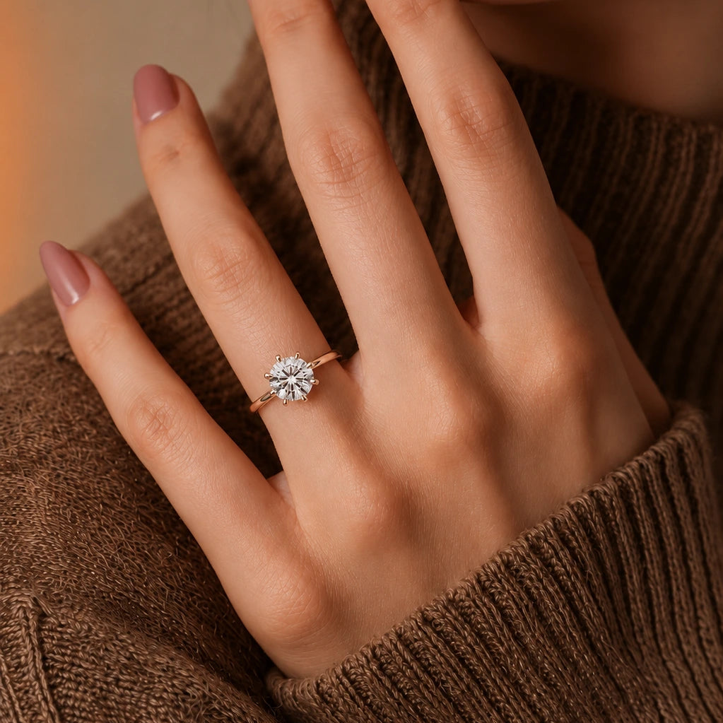 Round Cut Lab Grown Diamond Solitaire Engagement Ring Classic Six Prong Rose Gold Bridal Ring