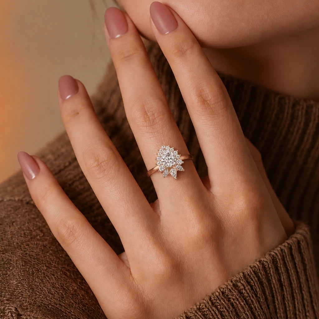 Pear Lab Grown Diamond Floral Cluster Ring Botanical Inspired Pear Accent Engagement Ring