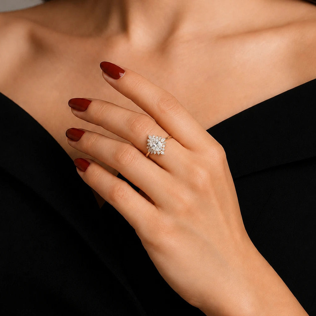 Oval Cut Moissanite Cluster Engagement Ring with Baguette & Marquise Accents