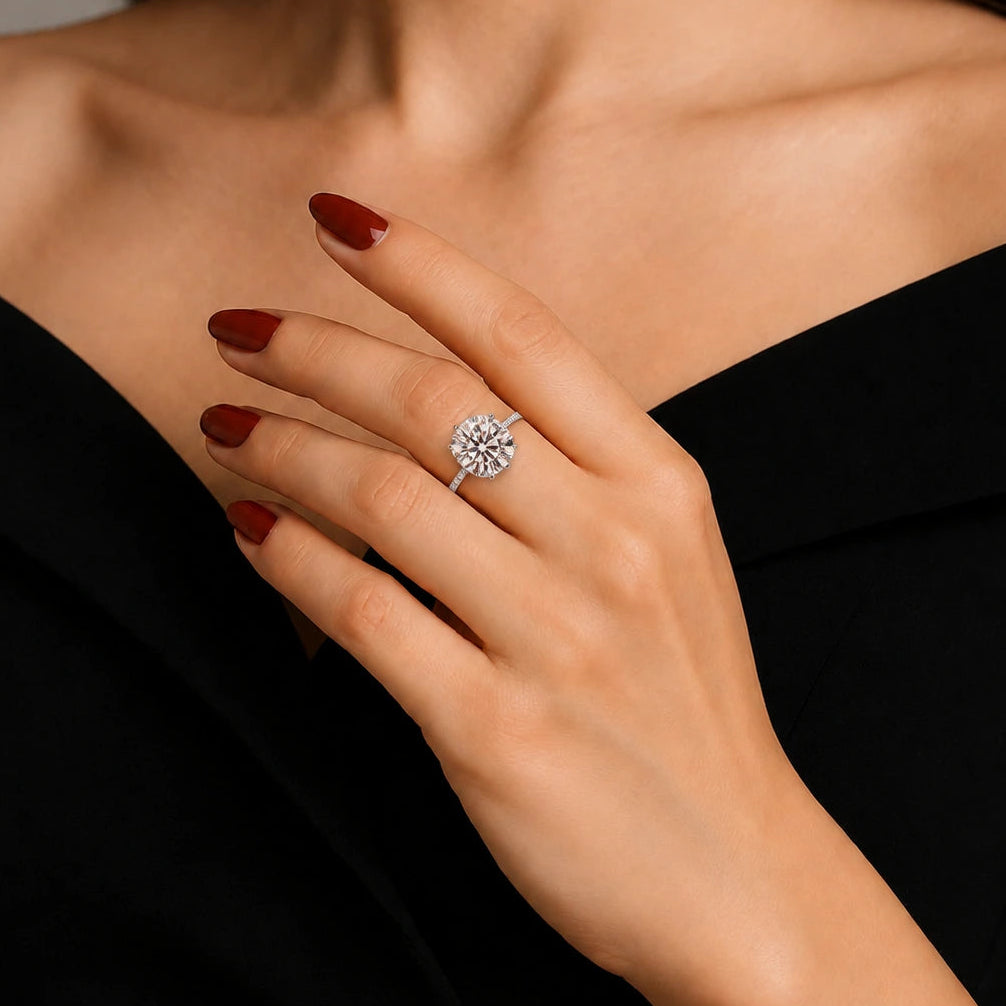 Round Brilliant Diamond Pavé Engagement Ring Classic Four Prong Bridal Ring