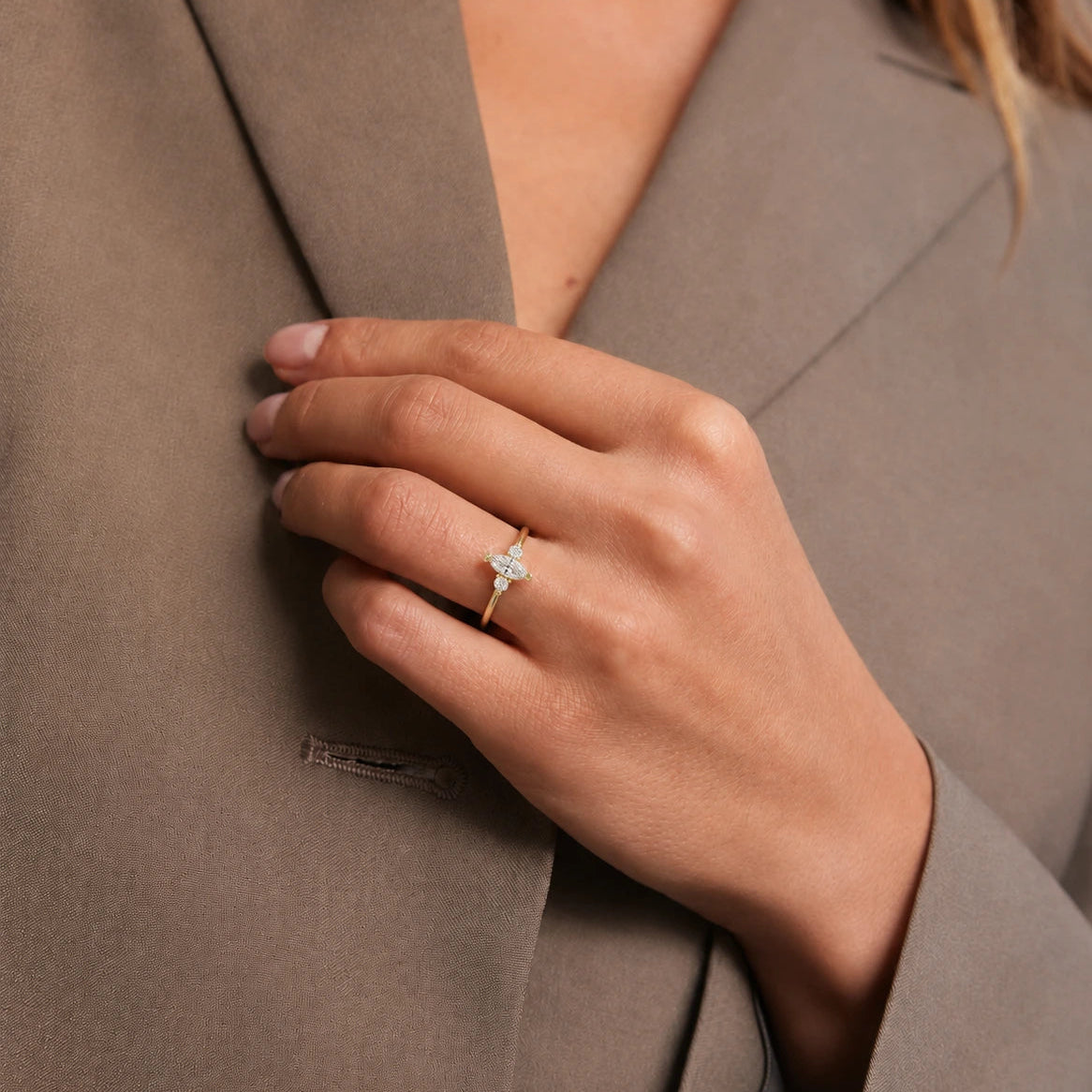 Marquise Diamond Three Stone Engagement Ring Yellow Gold East West Inspired Bridal Ring