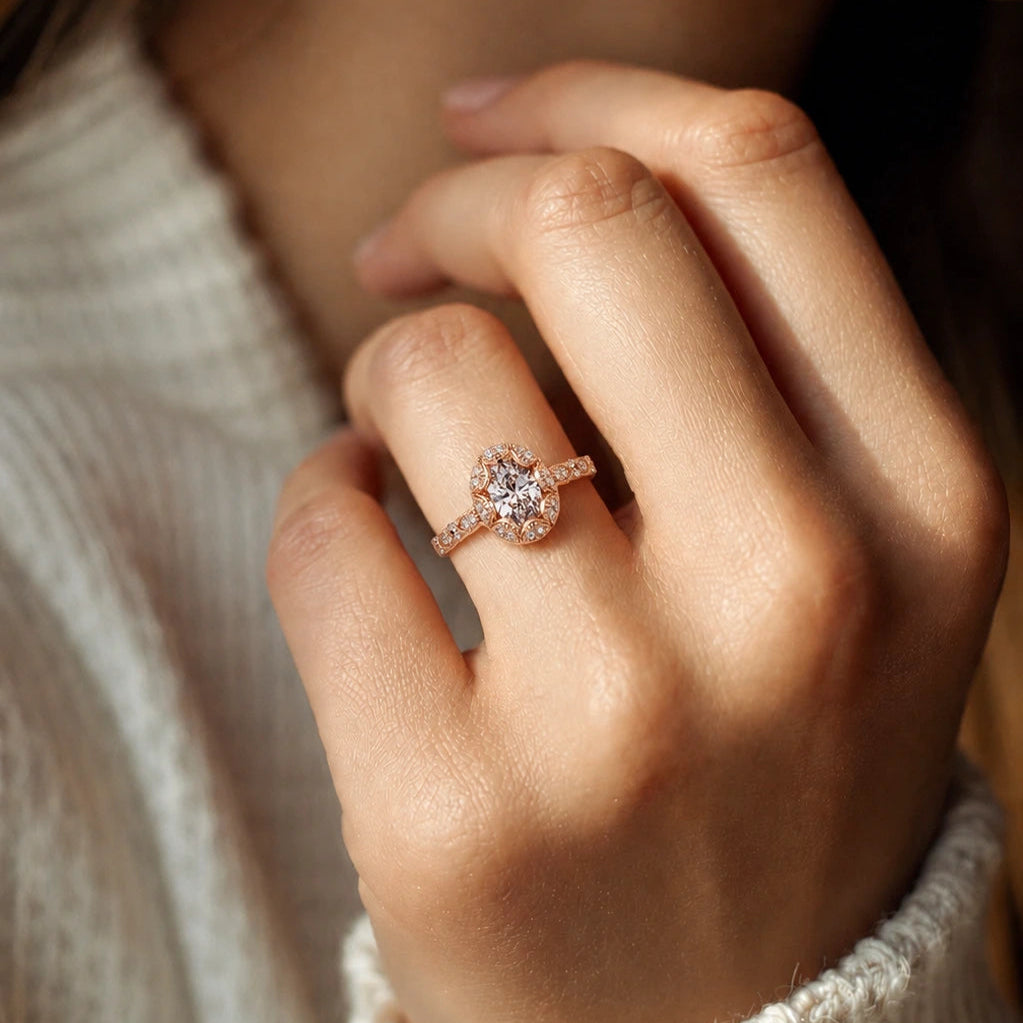 Oval Diamond Vintage Halo Engagement Ring Ornate Rose Gold Filigree Bridal Ring