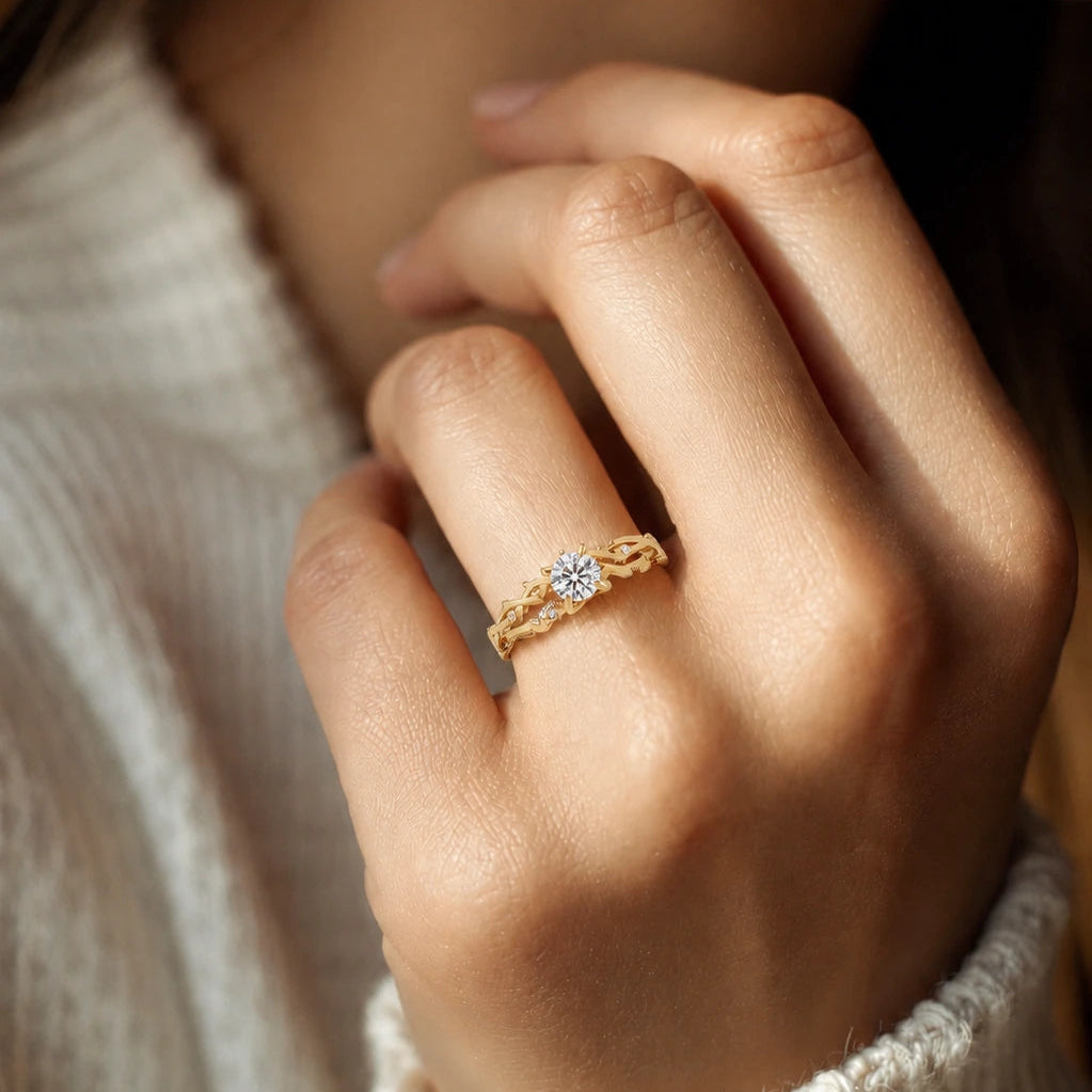 Floral Vine Diamond Engagement Ring Nature Inspired Yellow Gold Wraparound Bridal Ring