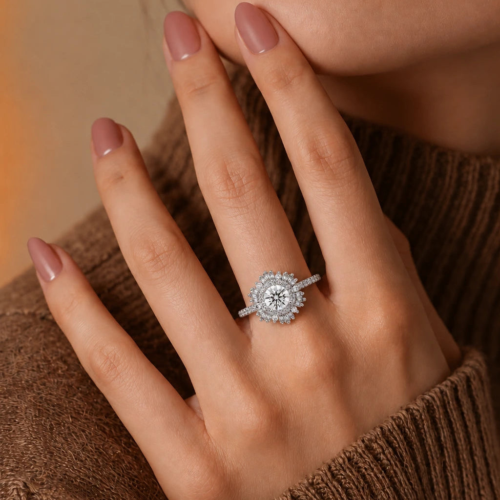 Round Diamond Sunburst Halo Engagement Ring Baguette and Pavé Cluster Bridal Ring