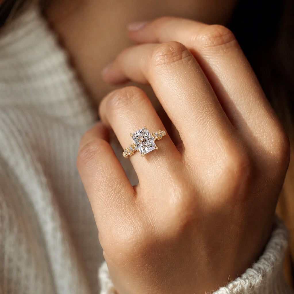 Radiant Cut Diamond Engagement Ring Yellow Gold Floral Pavé Accent Bridal Ring