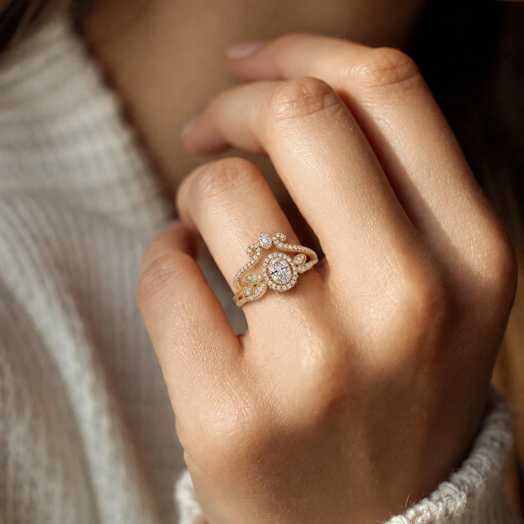 Oval Diamond Floral Halo Engagement Ring Ornate Yellow Gold Butterfly Bridal Ring