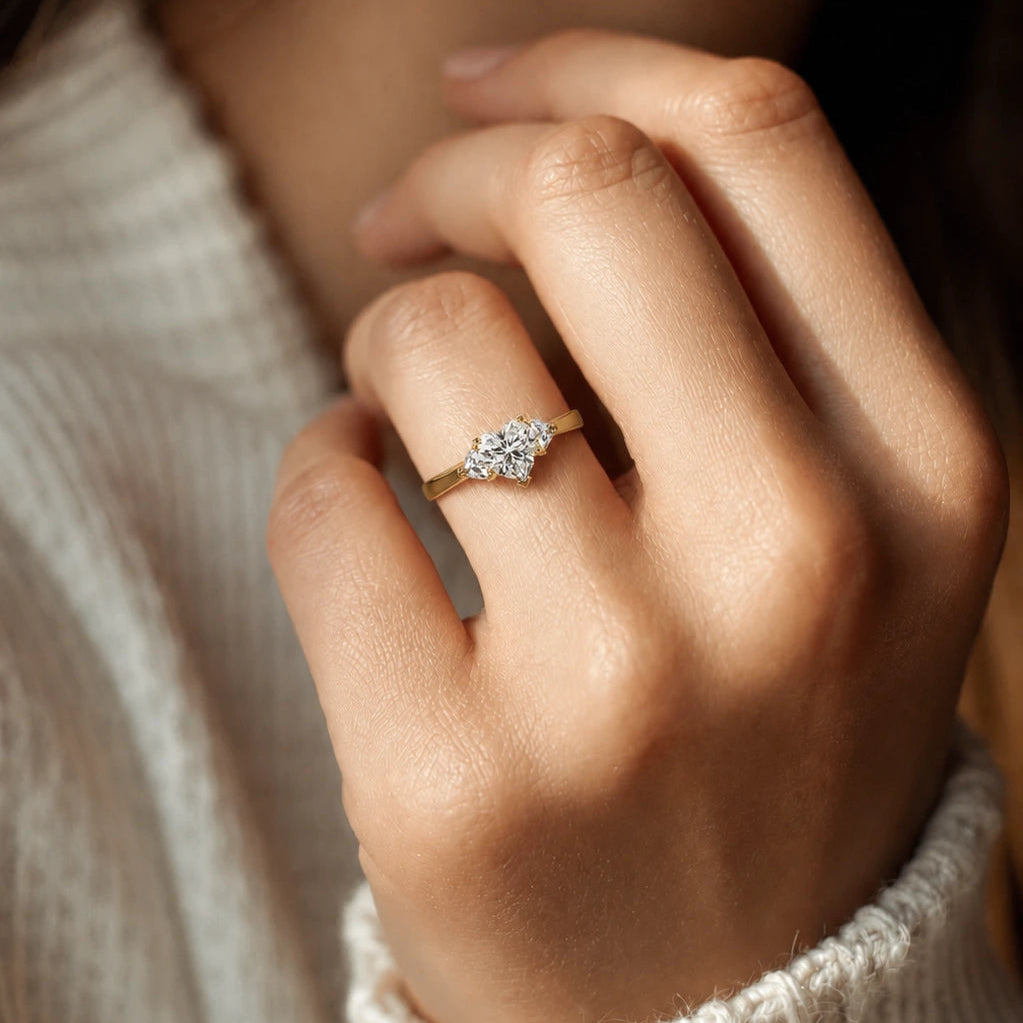 Heart Shaped Lab Grown Diamond Ring Three Stone Gold Engagement Ring with Side Diamonds