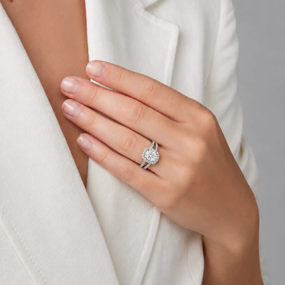 Oval Diamond Halo Engagement Ring Split Shank Double Pavé Band Classic Bridal Ring