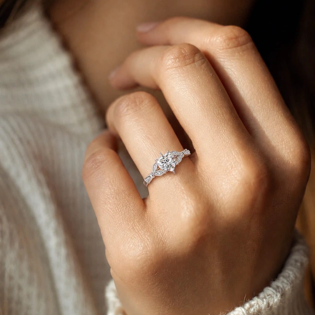 Heart Shaped Diamond Engagement Ring White Gold Leaf Pavé Romantic Bridal Ring
