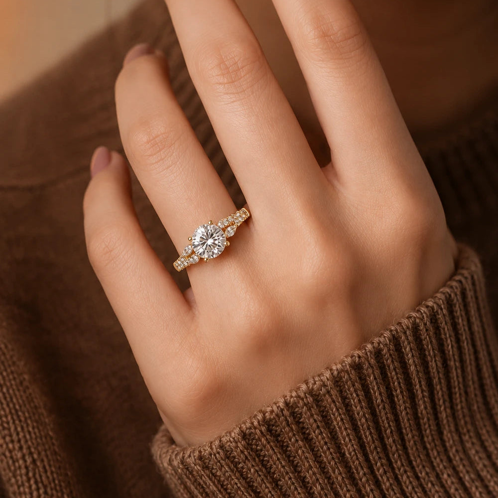 Round Lab Grown Diamond Engagement Ring Pavé Band with Pear Side Diamonds in Yellow Gold